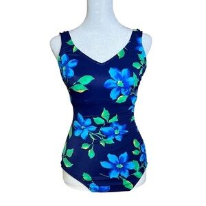 VTG Lands End Blue Floral One Piece Swimsuit Slimming Modest USA Women Sz 8 Long